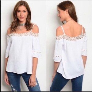 Off shoulder, off white, 100% cotton blouse. Size medium. Lace detailing.